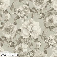 an old fashioned wallpaper with white and grey flowers on the side, as well as green leaves