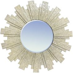 a round mirror that is made out of wood and has sunbursts on it