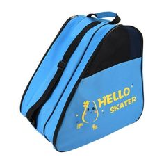 a blue and black bag with the word hello skater on it