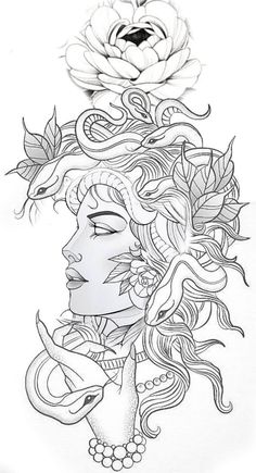 a drawing of a woman with flowers on her head and leaves in her hair, next to a rose