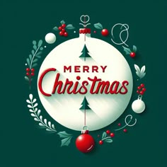 merry christmas greeting card with ornaments and baubles on dark green backgrounnd