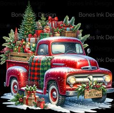 an old red truck with presents on the bed