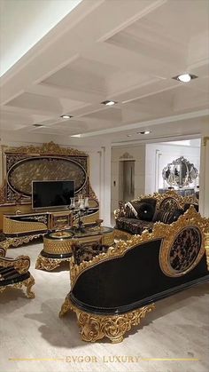 a living room filled with lots of gold furniture