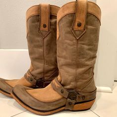 Tan And Light Brown Nubuck Leather. Shaft Height From Heel To Top 14.5”. In Like New Condition. Leather Boots With Suede Lining For Ranch, Brown Leather Boots With Leather Trim, Brown Leather Boots For Ranch, Beige Leather Boots With Buckle Closure, Beige Leather Boots For Ranch, Light Brown Color, Nubuck Leather, Shoes Heels Boots, Tan Brown