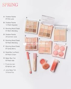 Spring: Warm tones/light/bright Bright Spring Korean, Spring Personal Color Palette, Makeup For Light Spring, Light Spring Korean Makeup, Light Spring Makeup Products, Spring Tones Colour Palettes, Light Spring Makeup Palette, Spring Light Makeup, Spring Warm Palette