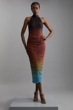 Elevate Your Occasion Wear Wardrobe With Our Midi Dress, With A Figure Hugging Fit And Ruched Detailing That Flatters The Curves, A High Neckline To Increase The Formality, And A Unique, Ombre Colourway. Style It With Strappy Heels For An Occasion Look That Is Guaranteed To Turn Heads Wherever You Step. Ombre Jersey Mesh Halter Ruched Midi Dress High Quality, Soft Jersey Fabric Figure Hugging Fit Flattering Ruched Detailing High, Halter Neckline Statement Ombre Colourway Button Fastening Behind Velvet Dress Maxi, Bride Jumpsuit, Petite Wedding Guest Dresses, Plus Size Workwear, Summer Bridesmaid Dresses, Big Mama, Outfits Petite, Ruched Midi Dress, Bandeau Dress