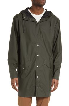 This lightweight, waterproof jacket with a longline silhouette keeps minimalism at the forefront as it keeps you dry. Concealed back vents and underarm eyelets bring comfort and breathability to the design that closes with a row of shiny snaps. 36" length (size Medium) Unlined 100% polyester Machine wash, dry flat Imported Modern Waterproof Raincoat For Spring, Classic Long Sleeve Raincoat For Outdoor, Functional Solid Raincoat With Long Sleeves, Functional Long Sleeve Raincoat, Functional Long Sleeve Solid Raincoat, Modern Long Sleeve Raincoat With Pockets, Modern Long Sleeve Raincoat For Spring, Classic Waterproof Solid Raincoat, Classic Waterproof Solid Color Raincoat