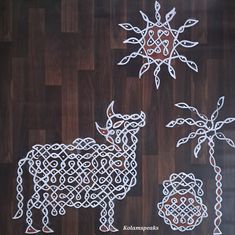 an image of some animals on a wooden floor in the shape of snowflakes