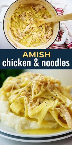 an image of chicken and noodles on a plate with text overlay that reads amish