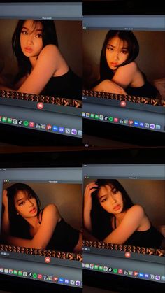 multiple images of a woman with long hair sitting in front of a laptop computer screen