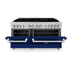 an oven with two blue drawers on the front and one in the back, against a white background