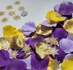 purple and yellow flowers with gold stars on them