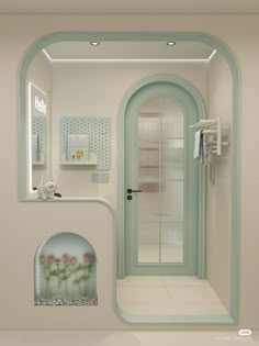 the interior of a white bathroom with green trimmings and an arched doorway leading to a toilet