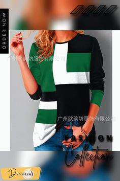 Geometric Colorblock Long Sleeve T-shirt Goth Short Sleeve Casual Loose T Shirt Women Tops Trendy Green Top With Splicing Detail, Trendy Green Spliced Top, Trendy Green Top With Contrast Color, Green Tops With Contrast Color For Fall, Green Contrast Color Tops For Fall, Green Patchwork Crew Neck Top, Green Crew Neck Top With Patchwork, Green Crew Neck Top With Contrast Color, Green Crew Neck T-shirt With Splicing