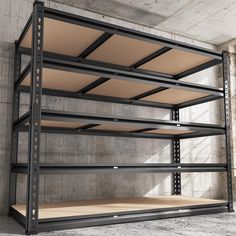 an empty metal shelving unit in a concrete room