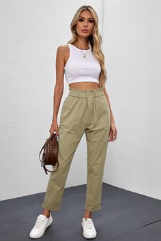 Khaki High Rise Paper Bag Waist Pocketed Casual Pants Khaki Paperbag Waist Pants With Pockets, Khaki Pants With Pockets For Day Out, Spring Cargo Pants With Paperbag Waist, Spring Cargo Pants With Paperbag Waist And Pockets, Casual Khaki Paperbag Waist Pants, Casual Paperbag Waist Khaki Pants, Sequin Flare Pants, Short Sleeve Floral Dress, Paperbag Pants