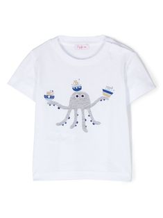 cotton white sea life print appliqué detail crew neck short sleeves press-stud fastening at the shoulder Sea Clothes, White Sea, Baby Tshirts, Sea Life, Octopus, Kids Boys, Cotton T Shirt, Boy Outfits, Cotton Tshirt