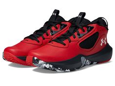 a pair of red and black basketball shoes on a white background with the word under it