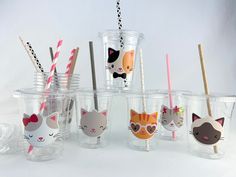 there are many cups with cats on them and straws in the cup, one is empty