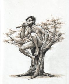 a drawing of a naked man sitting on top of a tree with a flute in his mouth