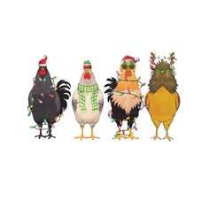 four chickens are standing in a row wearing christmas hats