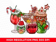 an image of some drinks and candy on a white background with the words, high resolution png 300 dpi