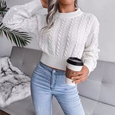 One Size Which Means It Fits S M L Casual Fashion Solid Color Top Casual Pullover Outfit, Solid Color Sweater, Cropped Knit Sweater, White Knit Sweater, Cropped Pullover, Round Neck Sweaters, Casual Sweaters, Casual Pullover, Look Chic