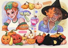 an open book with pictures of women and pumpkins on it's pages, including a witch