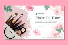 make up time banner with makeup brushes and flowers on pink background, flat layed out