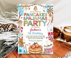 a pancake and pajamas party is set up on a table with pine cones, candy canes and other decorations