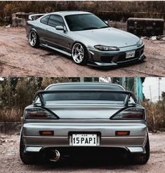 two pictures side by side of a silver sports car and the same one in color