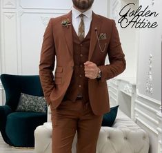 This is a Classic  Suit by Golden Attire crafted from high quality fabric and imported materials. Our products are handcrafted by experienced tailors who make sure the that the stitching is precise, lining is proper and the overall product is sturdy enough to not go out of shape for more than a few years. Also all our products have extra margins in their length, sleeves, sides so it's easily alterable if your size changes after some time. To see more available colours and designs in this collect Terracotta Suit, Reception Suits, Wedding Suit Groom, Three Piece Suits, Suits Tuxedo, Suit Groom, Dinner Suit, Bespoke Suit, Tuxedo Suit