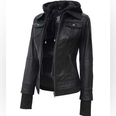 Real Lamb Skin New With Tags Betty Hooded Women Jacket Asymmetrical Leather Jacket, Black Hooded Jacket, Tan Leather Jackets, Womens Black Leather Jacket, Leather Jacket With Hood, Lambskin Leather Jacket, Real Leather Jacket, Petite Jacket, Jacket With Hood