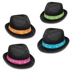 four hats with happy new year bands on them