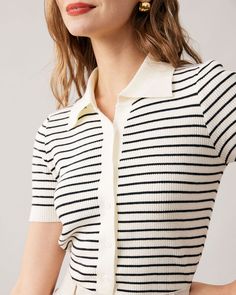 Details:- Lapel Neck- Button Up- Collared Top- Stripe Pattern- Polyester- Preppy- Short Sleeves- RibbedFabric:This Knitted Top is made of Viscose, Polyester, and Nylon. Viscose (aka rayon) is a man-made cellulosic fiber made from wood pulp. It's soft, breathable, durable, and moisture-wicking. Polyester is an artificial fiber that feels soft, looks lustrous, and dries fast. It's also durable, with good resistance to wrinkles, stains, and sunlight. Nylon is a flexible synthetic fiber, waterproof, Tailored Clothes, Preppy Sweater, Polo Sweater, Short Sleeved Sweaters, Knitted Tank Top, Look Chic, Short Sleeve Polo, Striped Shorts, Striped Knit