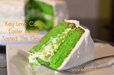 a piece of green cake on a plate with a fork in front of it that says, some cake better never let this good