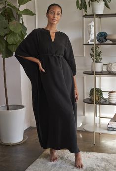 Eco Friendly Black Belted Cupro Long Caftan | ocean+main Quoi Porter, Long Kaftan, Cotton Plant, Gauze Dress, By The Ocean, Caftan Dress, Style Maxi Dress, Plus Size Maxi Dresses, 50 Fashion