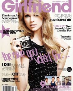 a magazine cover with a woman holding a camera on it's front and the words girlfriend written in pink