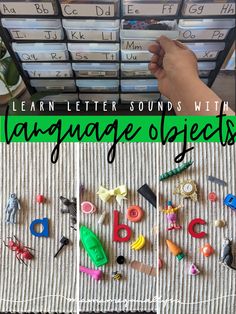 two pictures with the words learn letters sounds with language objects in front of them and below