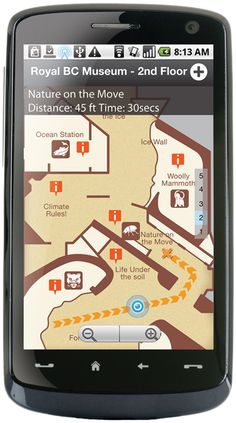 a cell phone showing the location of royal bc museum - 2nd floor on it's screen