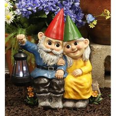 two garden gnomes sitting next to each other in front of some flowers and plants