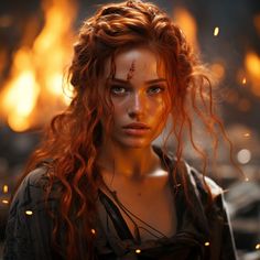 a woman with red hair and makeup looks at the camera while standing in front of fire