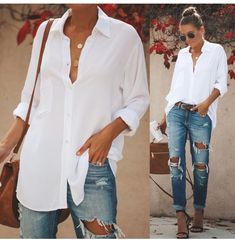 White Shirt Outfits, Essential Wardrobe, Mode Casual, Komplette Outfits, White Shirts, Mode Inspiration, Outfits Casuales, Ripped Jeans, Look Fashion