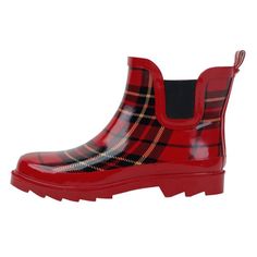 Tartan Fashion, Short Rain Boots, Ankle Rain Boots, Plaid Fashion, Tartan Plaid, Black Rubber, Red Plaid, Womens Flats, Ankle Booties