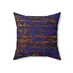 a blue pillow with writing on it