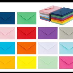 an assortment of different colored envelopes