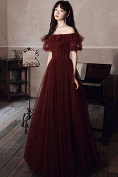 Off Shoulder Tulle, Elsa Art, Prom Dress Burgundy, Tulle Long Prom Dress, Burgundy Evening Dress, Burgundy Dresses, A Line Evening Dress, Prom Ball Gown, Long Prom Gowns