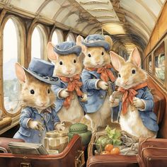 three mice on a train are dressed in blue outfits and hats, standing next to each other