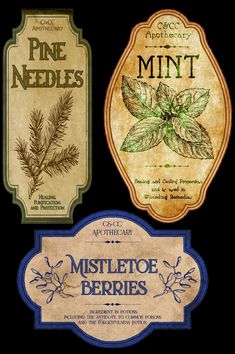 three labels with different types of herbs on them, one for pine needles and the other for mint