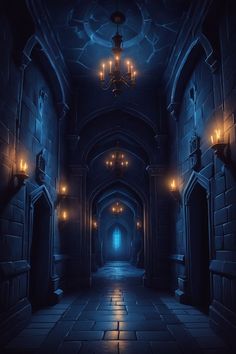 a dark hallway with chandeliers and lights